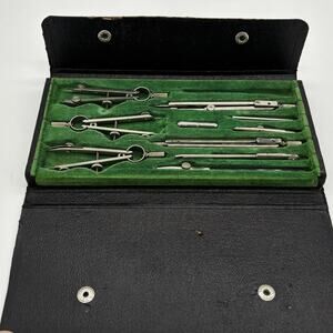 Vtg Siebenhaar Co Germany 10pc Drafting Tool Set Black Case Felt Lined Compass